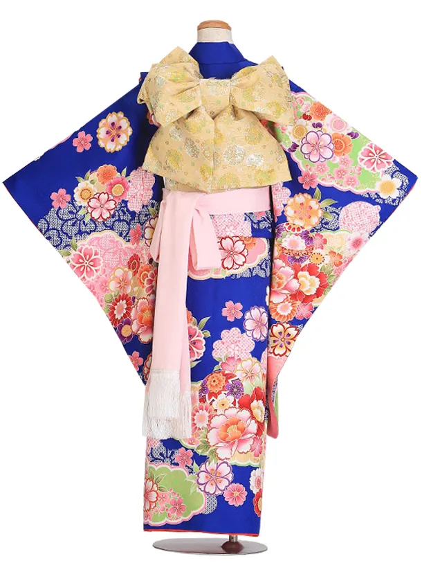 七五三（7歳女児結び帯）F068 青 牡丹と菊