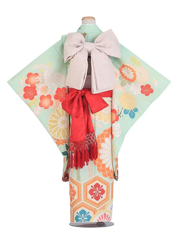 七五三（7歳女児結び帯）F074/黄緑 古典 花