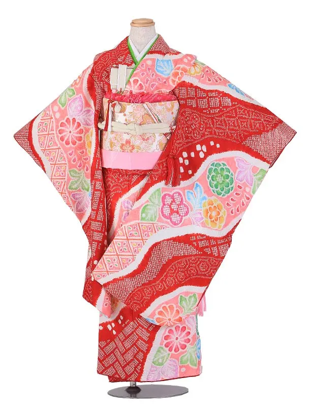 七五三（7歳女児結び帯)F076/総しぼり 赤ピンク 多色花