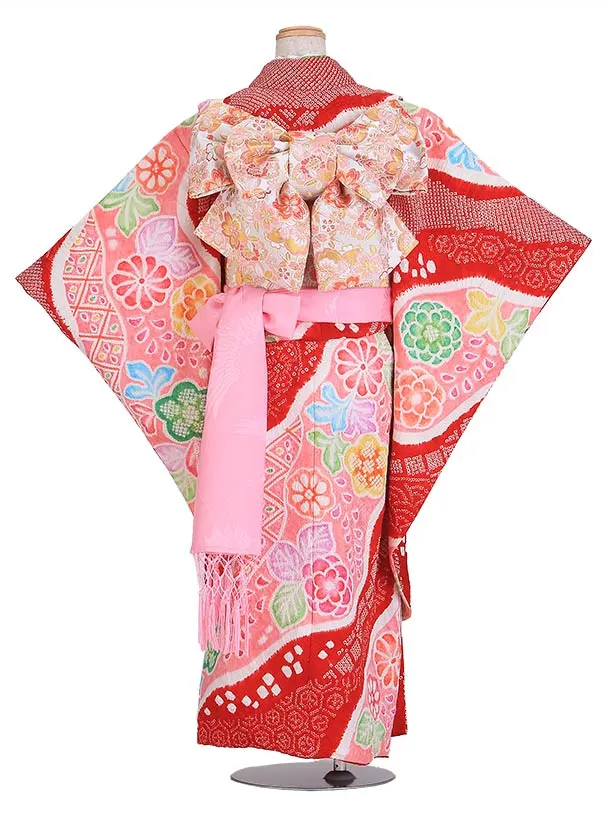 七五三（7歳女児結び帯)F076/総しぼり 赤ピンク 多色花