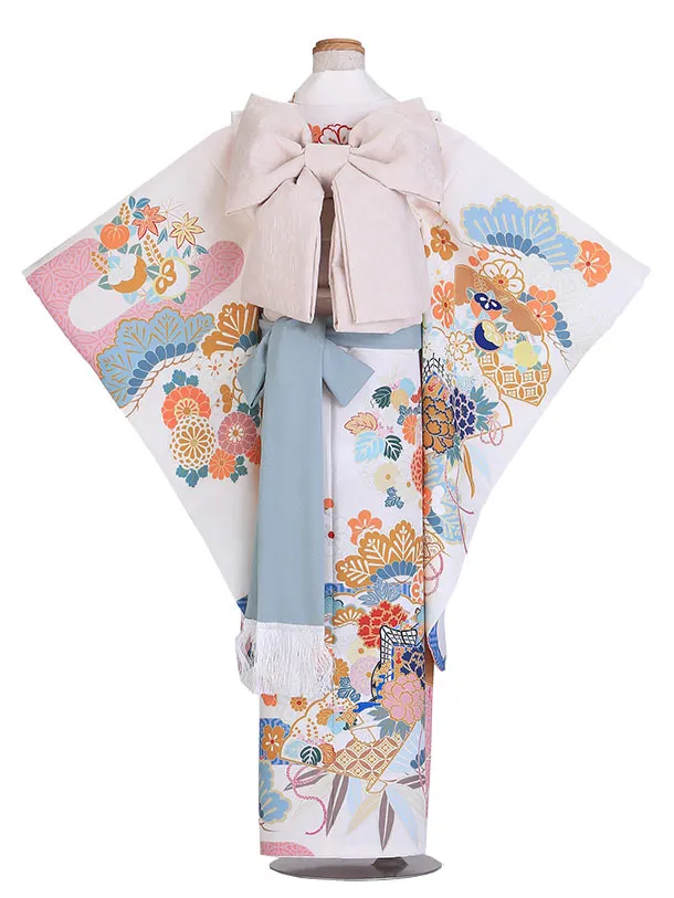 七五三（7歳女児結び帯）F081/白 扇と梅の花
