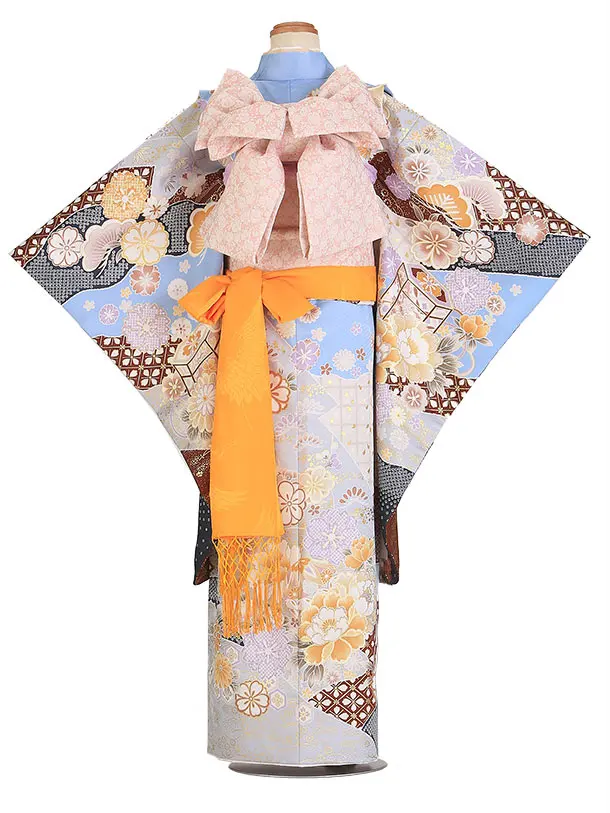 七五三（7歳女児結び帯）F086/水色 古典柄