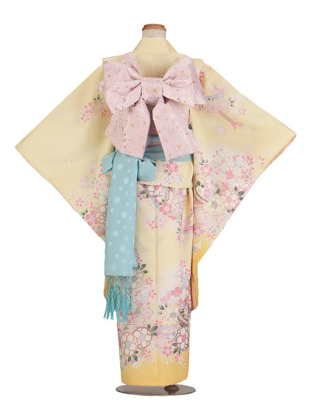 七五三（7歳女児結び帯）F090/薄黄色 鞠と花