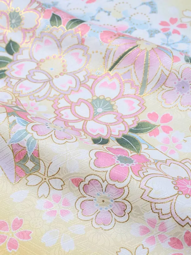 七五三（7歳女児結び帯）F090/薄黄色 鞠と花