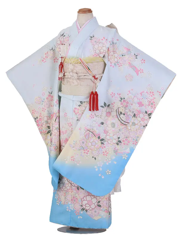 七五三（7歳女児結び帯)F091/水色 鞠と桜