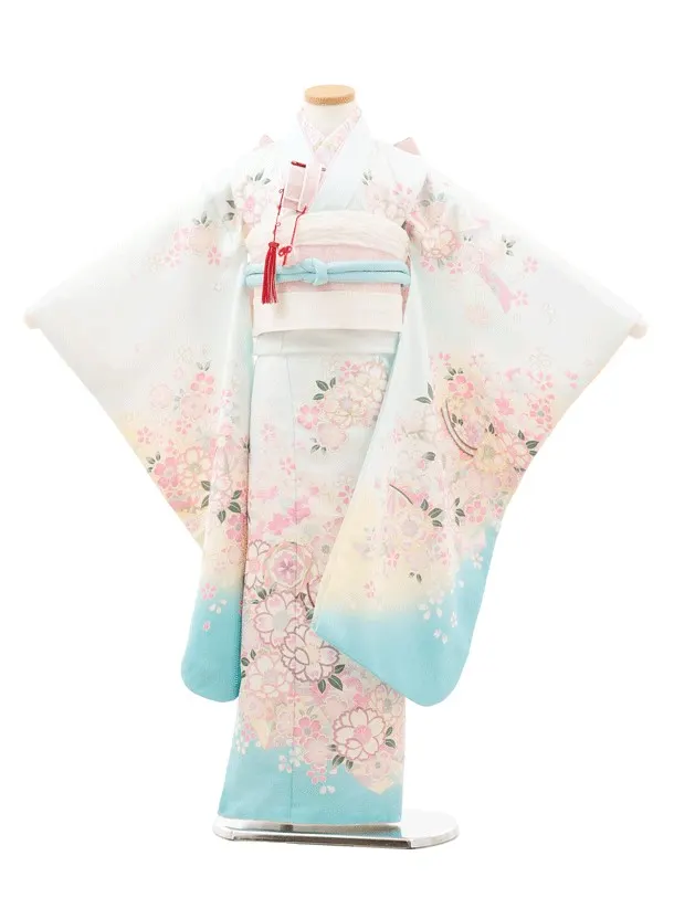 七五三（7歳女児結び帯）F095/白・水色 桜