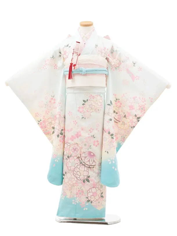 七五三（7歳女児結び帯）F095/白・水色 桜
