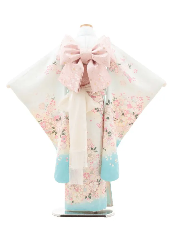 七五三（7歳女児結び帯）F095/白・水色 桜