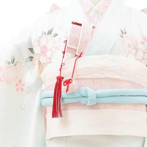 七五三（7歳女児結び帯）F095/白・水色 桜