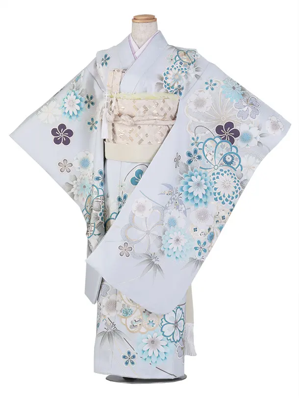 七五三（7歳女児結び帯）F099/水色グレー 菊の花とねじり梅