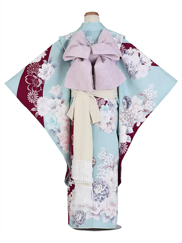 七五三（7歳女児結び帯）F100/水色×ボルドー 鞠とブーケ