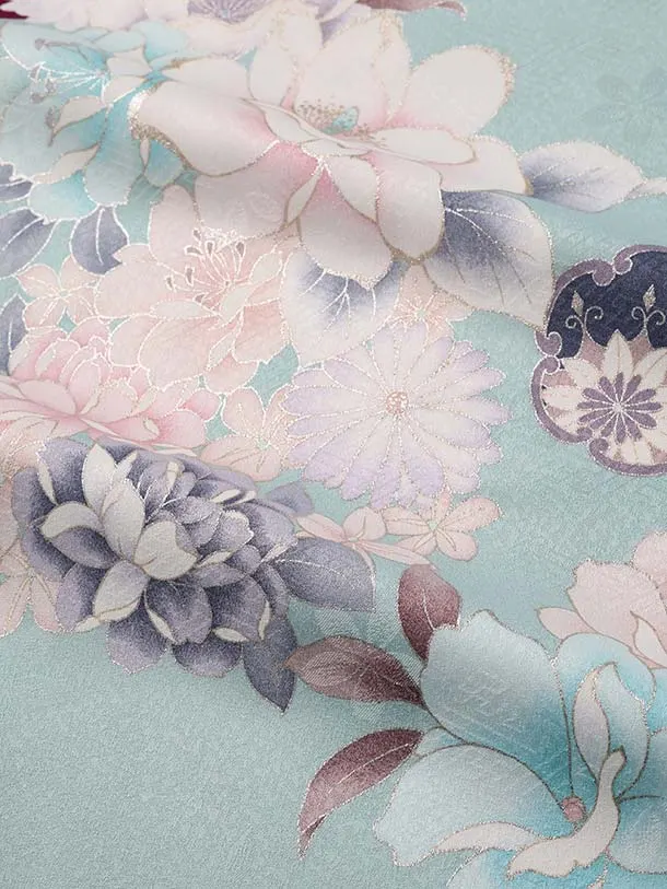 七五三（7歳女児結び帯）F100/水色×ボルドー 鞠とブーケ