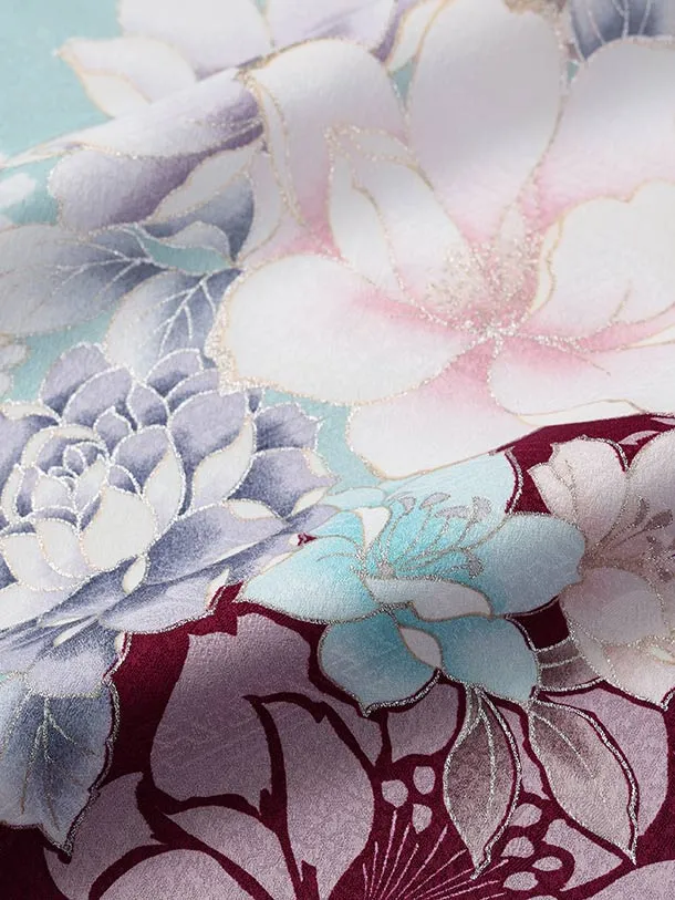 七五三（7歳女児結び帯）F100/水色×ボルドー 鞠とブーケ