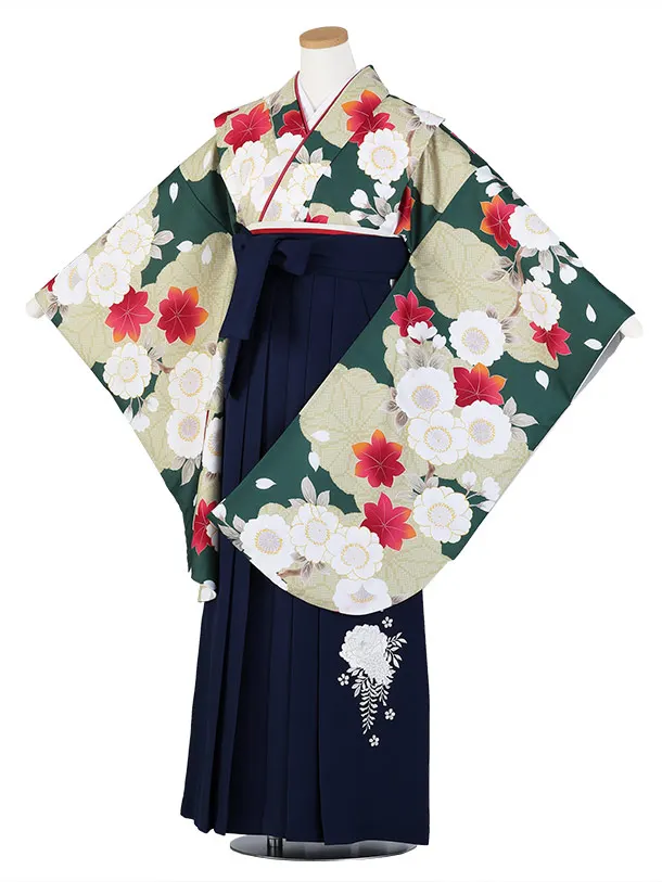 小学生卒業式かんたん袴(女の子)E069/緑 桜と紅葉