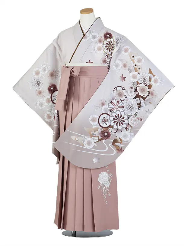 小学生卒業式かんたん袴(女の子)E070/グレーベージュ ねじり梅と桜