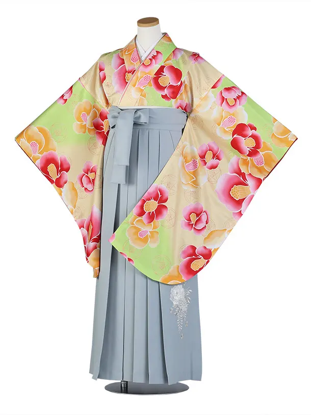 小学生卒業式かんたん袴(女の子)E072/黄・黄緑 椿/ブルーグレー袴