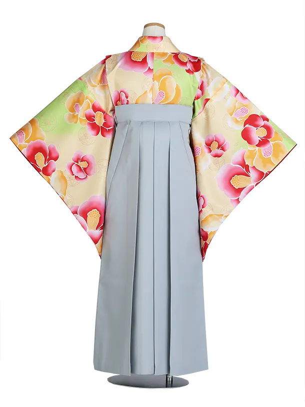 小学生卒業式かんたん袴(女の子)E072/黄・黄緑 椿/ブルーグレー袴
