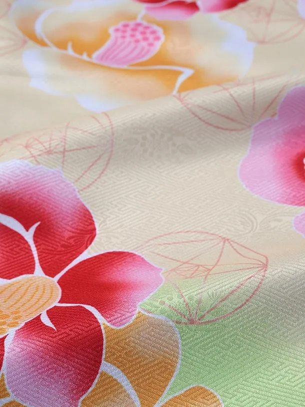 小学生卒業式かんたん袴(女の子)E072/黄・黄緑 椿/ブルーグレー袴