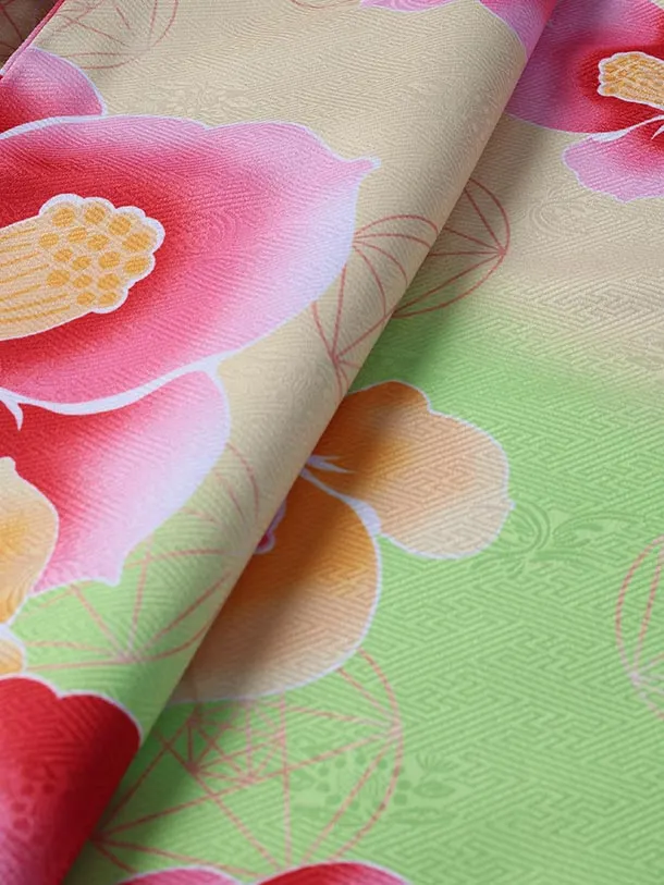 小学生卒業式かんたん袴(女の子)E072/黄・黄緑 椿/ブルーグレー袴