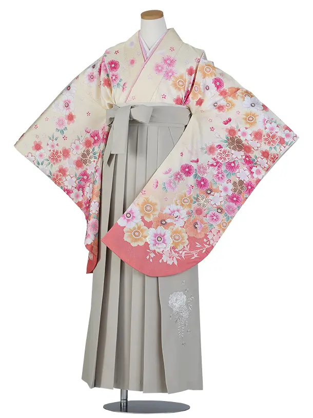 小学生卒業式かんたん袴(女の子)E073/クリーム 花づくし