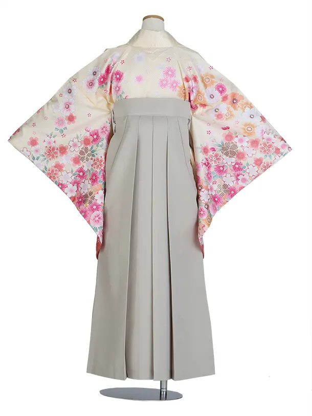 小学生卒業式かんたん袴(女の子)E073/クリーム 花づくし