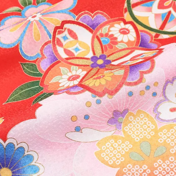 【単衣】女児産着/R043/赤 桜と鞠