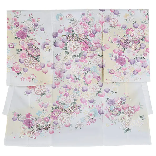 【単衣】女児産着/R044/白×薄黄 鞠と鼓
