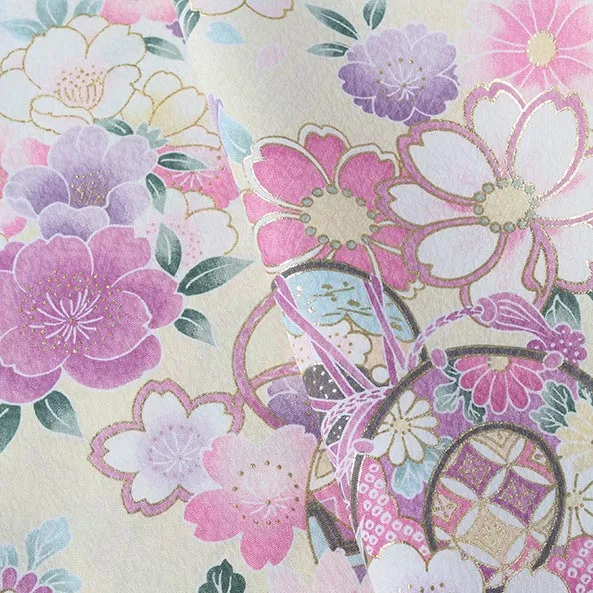 【単衣】女児産着/R044/白×薄黄 鞠と鼓