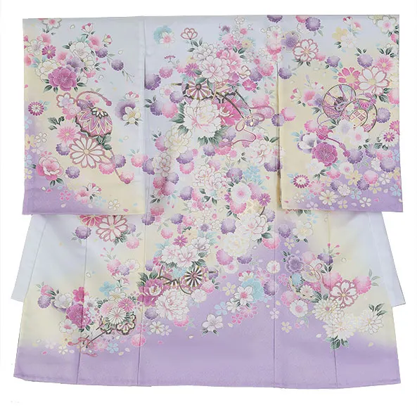 【単衣】女児産着/R045/白×薄紫×薄黄 鞠と鼓