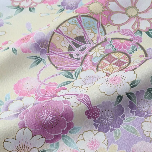 【単衣】女児産着/R045/白×薄紫×薄黄 鞠と鼓