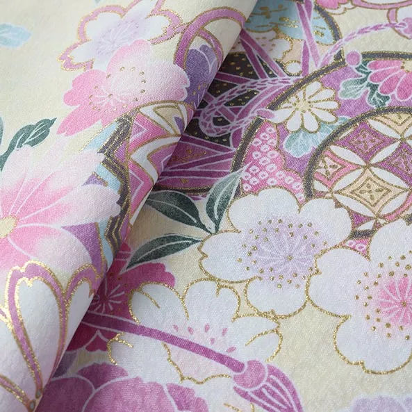 【単衣】女児産着/R045/白×薄紫×薄黄 鞠と鼓