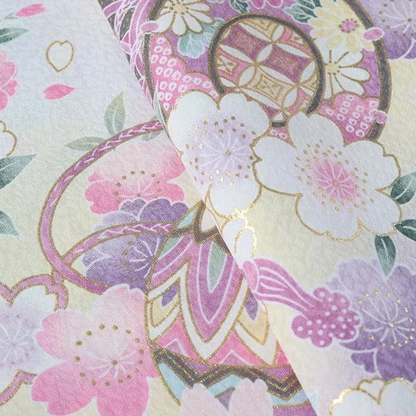 【単衣】女児産着/R045/白×薄紫×薄黄 鞠と鼓