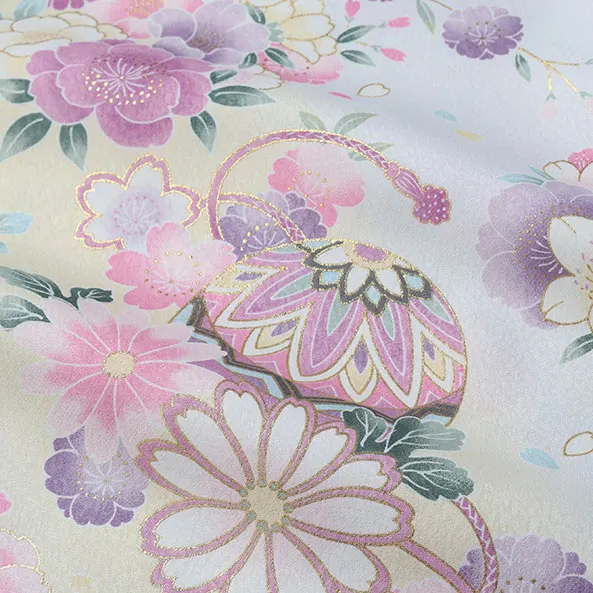 【単衣】女児産着/R045/白×薄紫×薄黄 鞠と鼓