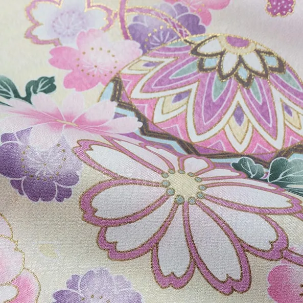 【単衣】女児産着/R046/白×ピンク×薄黄 鞠と鼓