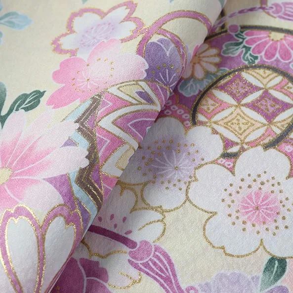 【単衣】女児産着/R046/白×ピンク×薄黄 鞠と鼓