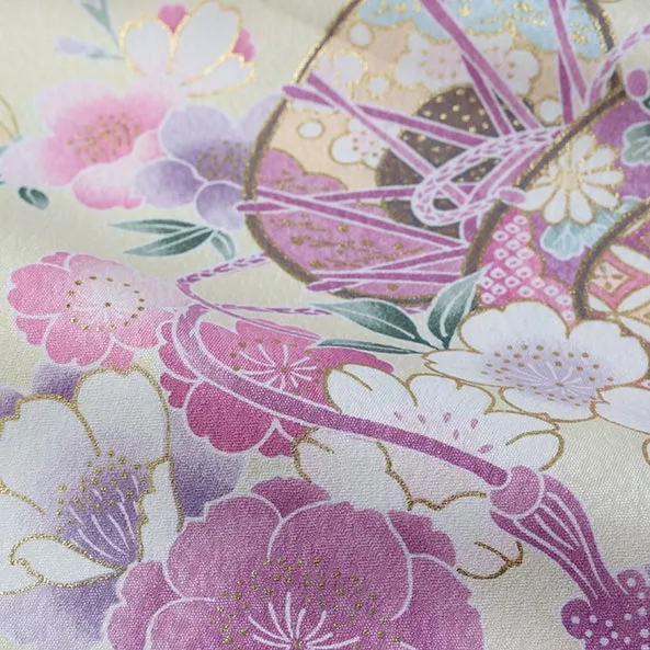 【単衣】女児産着/R046/白×ピンク×薄黄 鞠と鼓