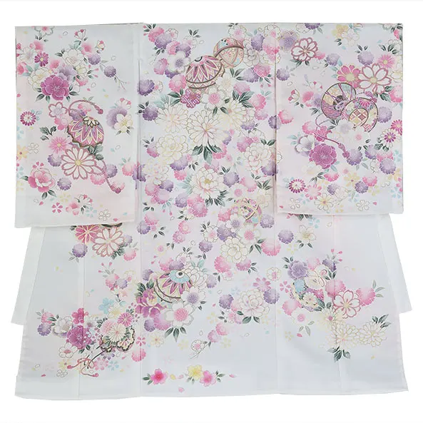 【単衣】女児産着/R047/白 鞠と鼓
