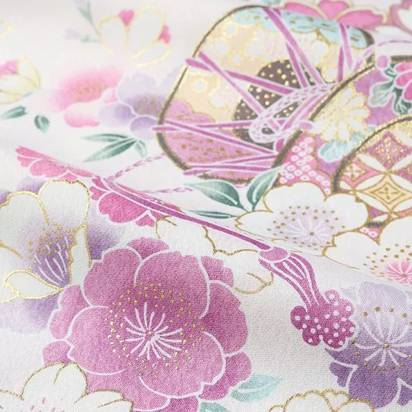 【単衣】女児産着/R047/白 鞠と鼓