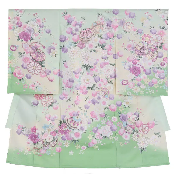 【単衣】女児産着/R048/黄緑×薄黄 鞠と鼓