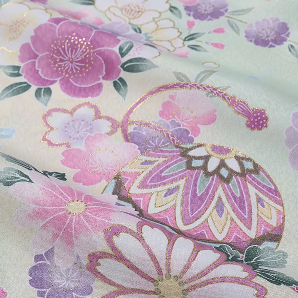 【単衣】女児産着/R048/黄緑×薄黄 鞠と鼓