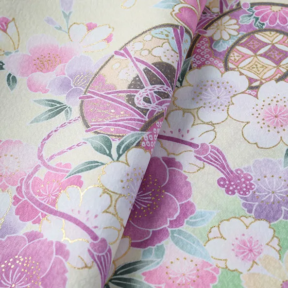 【単衣】女児産着/R048/黄緑×薄黄 鞠と鼓