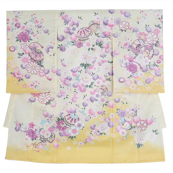 【単衣】女児産着/R049/クリーム×黄 鞠と鼓