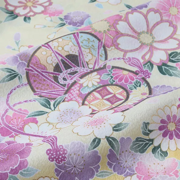 【単衣】女児産着/R049/クリーム×黄 鞠と鼓