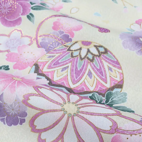 【単衣】女児産着/R049/クリーム×黄 鞠と鼓