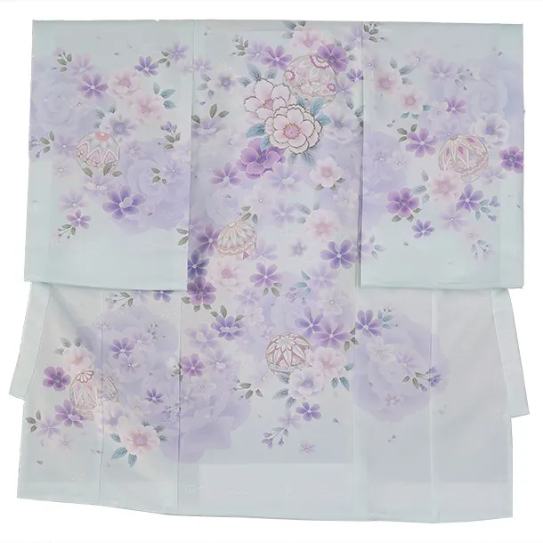 女児産着/R052/薄パステルグリーン・薄紫/手まり/花
