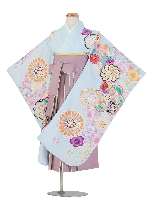 女児袴（卒業式・七五三）7歳女の子/F703/水色 梅の花