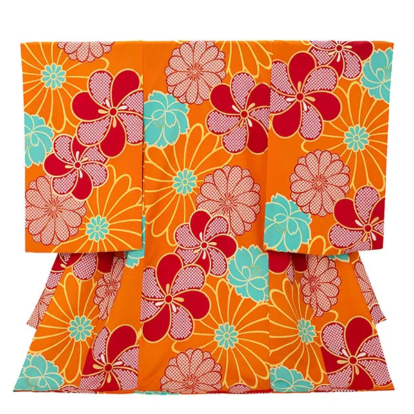 産着（女の子）0032 オレンジ ブルー モダン 大柄 花