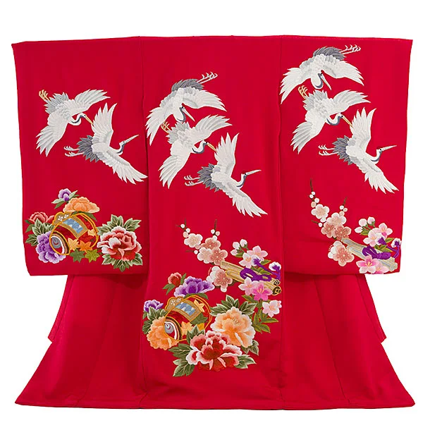 産着（女の子）0044  赤 豪華刺繍 鶴 花