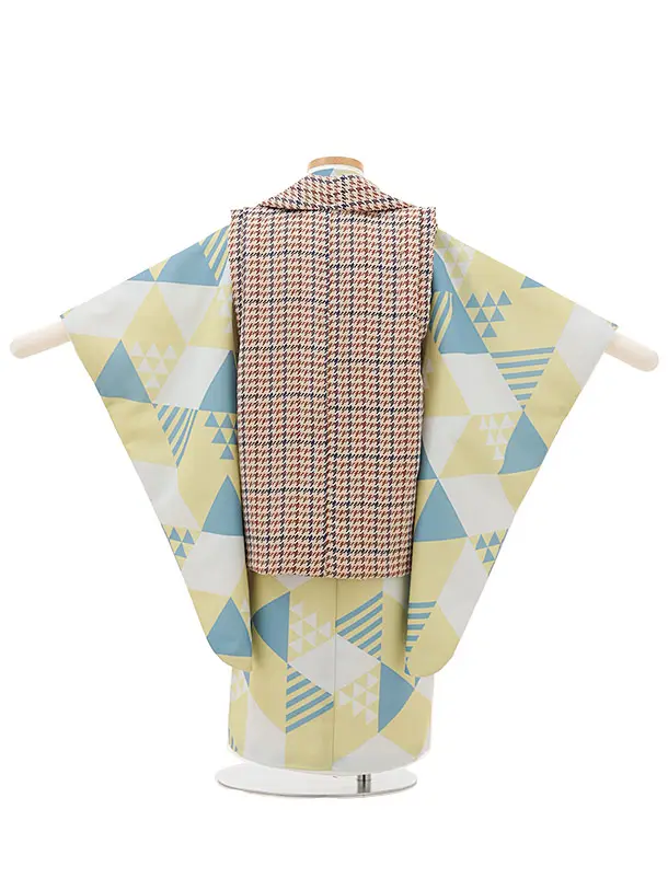 七五三（3歳男の子被布）0572 水色 黄色 茶 モダングラフィック