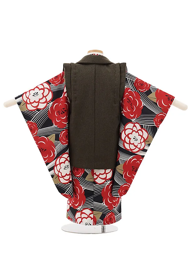 七五三（3歳男の子被布）0573 黒 黄 赤 緑 茶 モダン